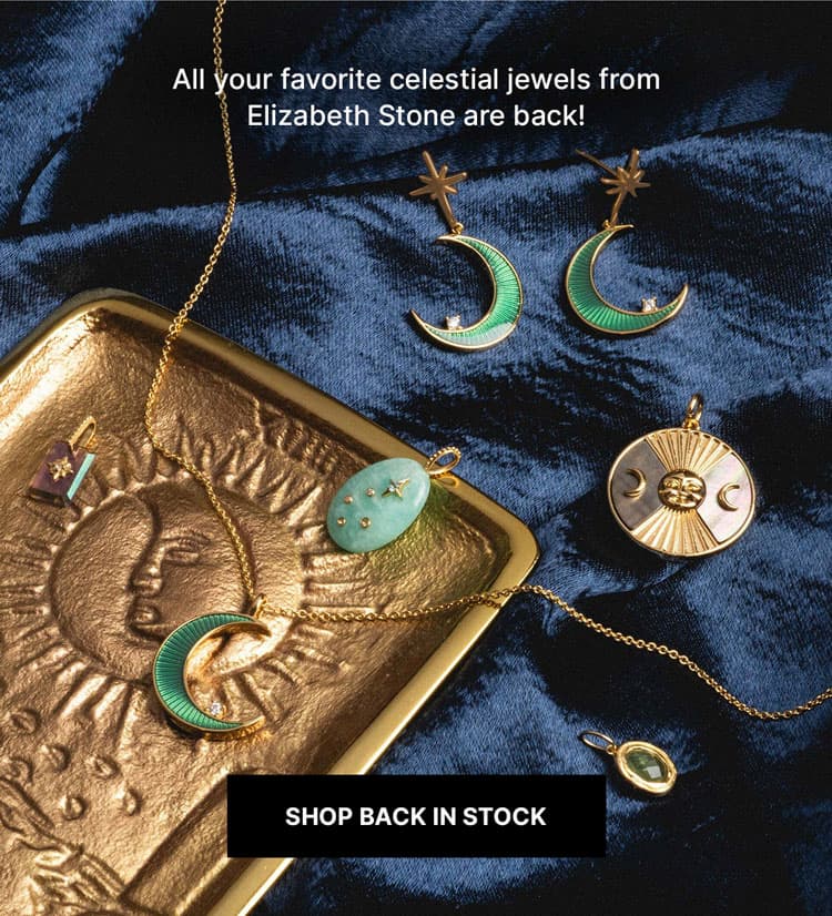 celestial jewelry photographed featuring Elizabeth Stone earrings, charms, necklaces and amulets in beautiful shades of green
