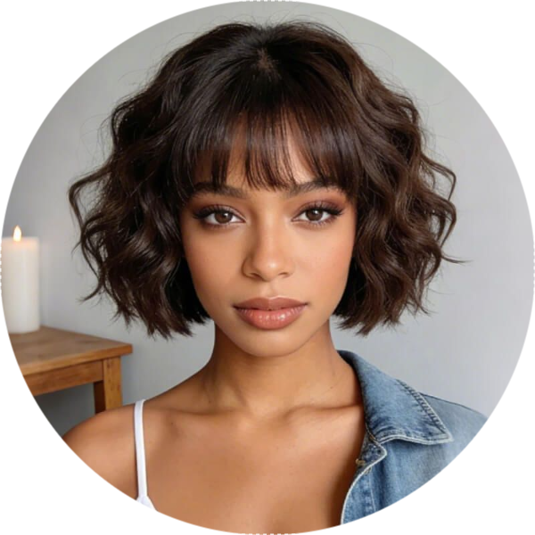Wear and Go Glueless Short Bob Wig Human Hair Brown Loose Wave Bob Wig with Bangs Pre Plucked Pre Cut Ready to Wear Wig Glueless Human Hair Wigs