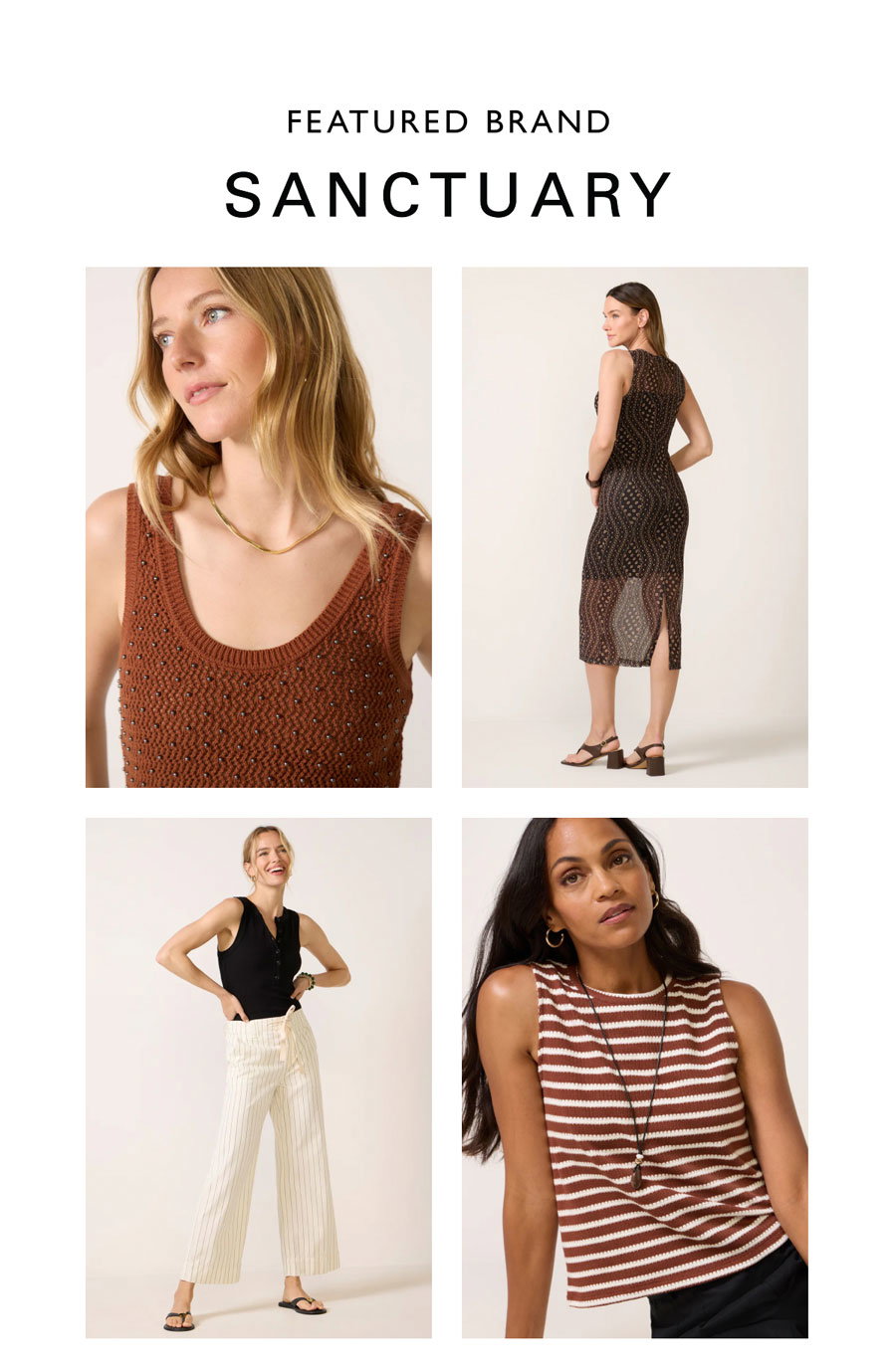 Featured brand Sanctuary. Images of models in Sanctuary looks.