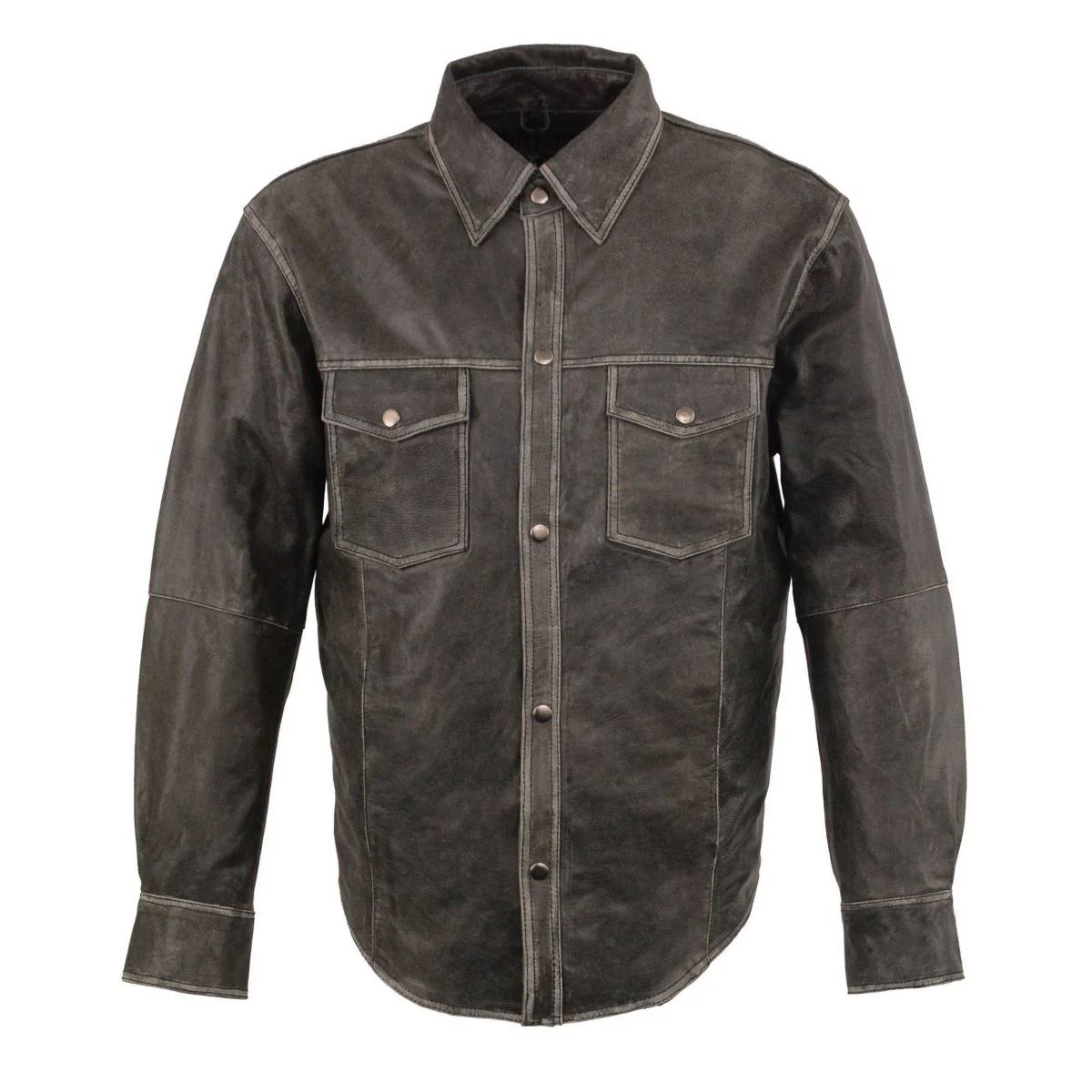 Image of Milwaukee Leather MLM1605 Men's 'Button Down' Distressed Grey Lightweight Casual Biker Leather Shirt