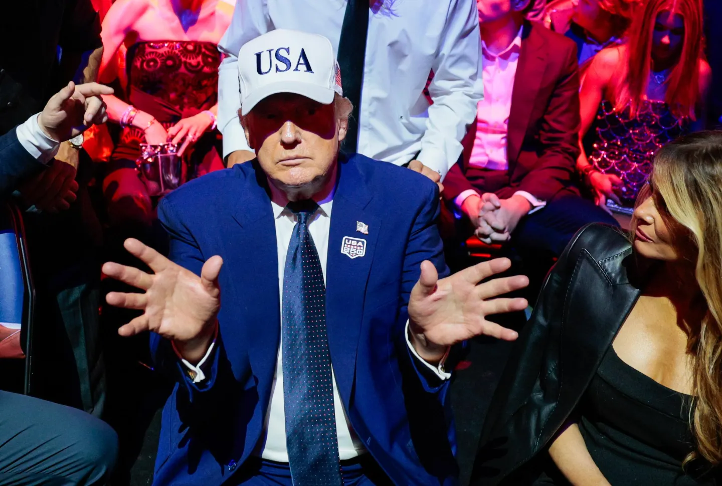 President Donald Trump gestures next to first lady Melania Trump during UFC Freedom 250 on the South Lawn of the White House on June 15, 2026 in Washington, DC. Evan Vucci/Pool/Getty Images