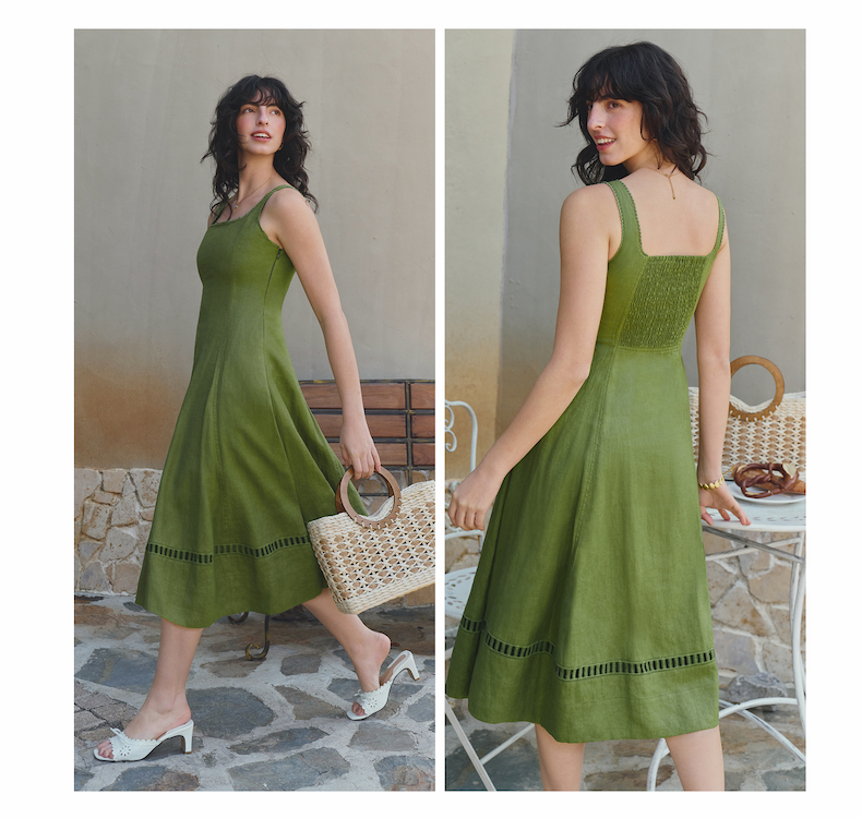 Fenton Panel Linen Dress in Deep Green