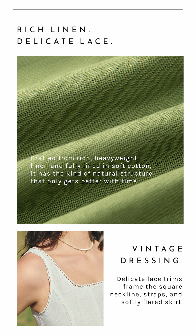 Rich linen. Delicate lace. Crafted from rich, heavyweight linen and fully lined in soft cotton, it has the kind of natural structure that only gets better with time. Vintage Dressing. Delicate lace trims frame the square neckline, straps, and softly flared skirt.