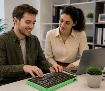 Blind employee speaking with a colleague in an inclusive workplace.