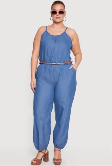 Shop Plus Size Chambray Sleeveless Jumpsuit with Cinched Waist and Pockets