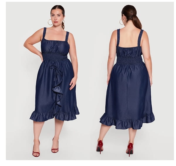 Shop Plus Size Chambray Smocked Waist Ruffle Trim Midi Dress