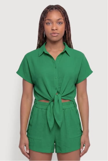 Shop Crepe Knit Tie Front Cropped Shirt