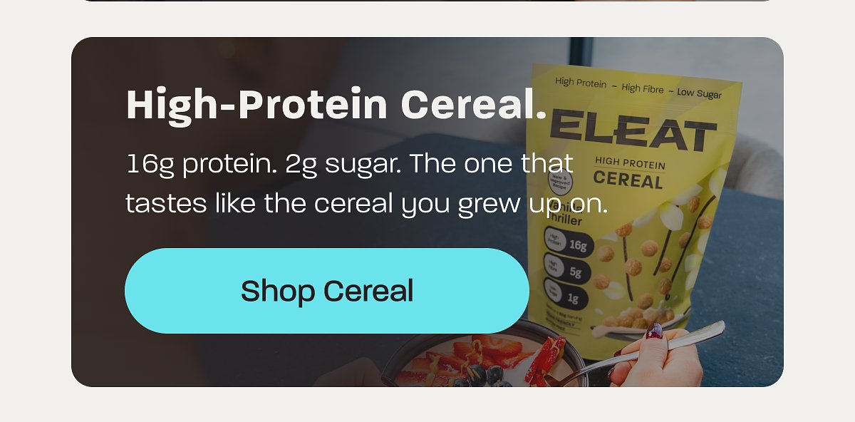 High-protein cereal with 16g protein and 2g sugar, served with fruit.