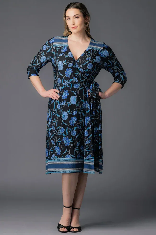 Image of Beguiling Border Print Wrap Dress - Black - Plus