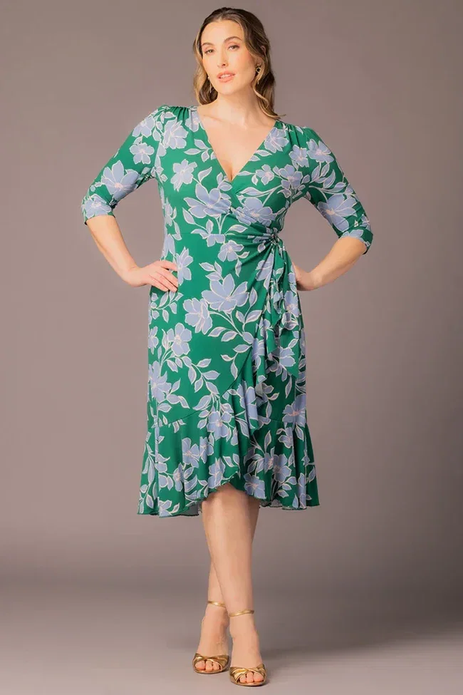 Image of Flirty Flounce Wrap Dress Green & Blue Florals - Plus