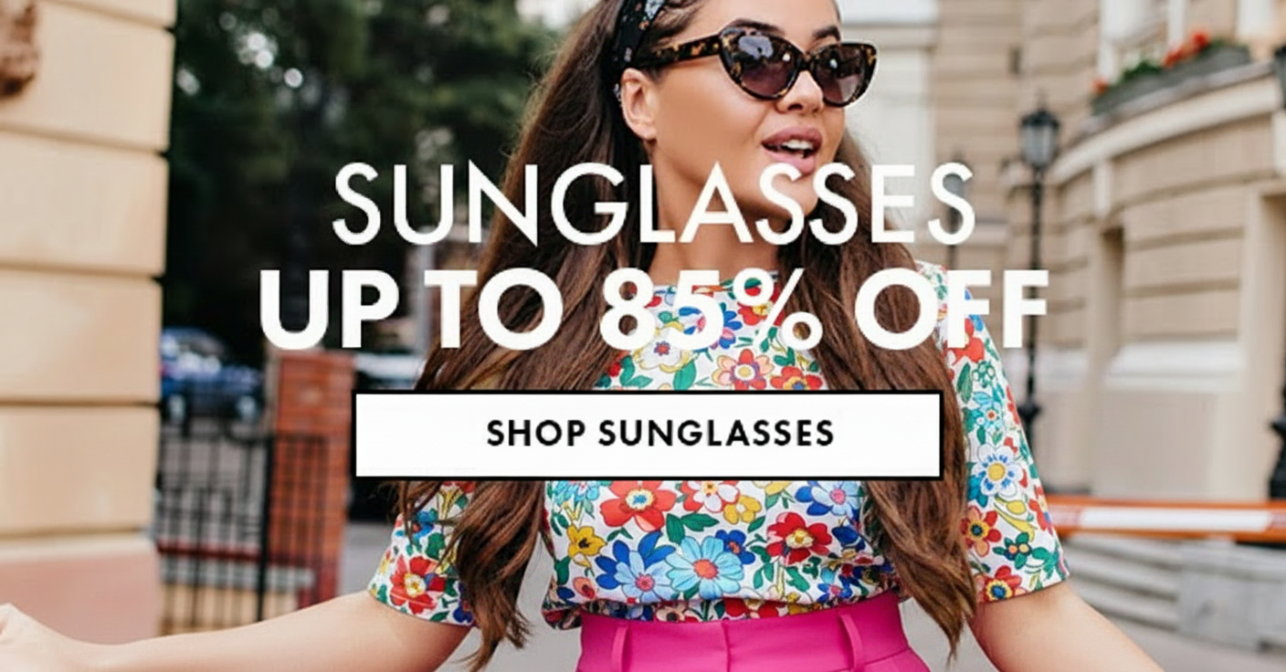 Woman wearing sunglasses and a floral top, with text advertising sunglasses up to 85% off.