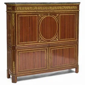 Fine Louis XVI Ormolu-Mounted Fruitwood-Inlaid Mahogany Secretaire a Abattant with Marble Top