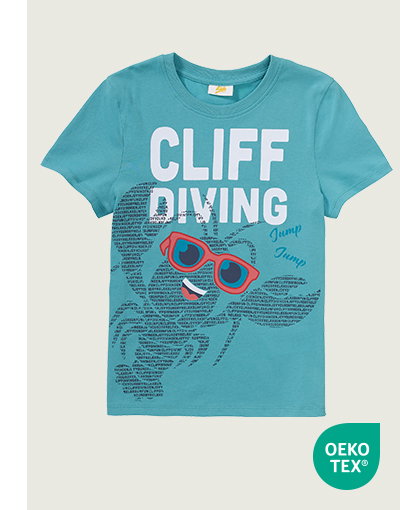 T-Shirt, Blau, mit Cliff Diving Print, Kurzarm, Vorderansicht, Produktansicht