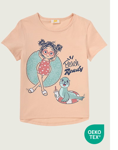 T-Shirt, Hellrosa, Comic-Motiv vorne, Kurzarm, Rundhalsausschnitt, Produktansicht, Vorderansicht