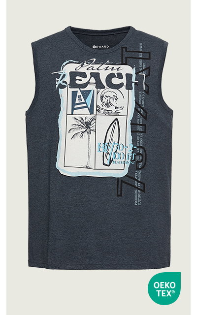 Ärmelloses Shirt, Dunkelblau, Frontprint mit Strandmotiv, Produktansicht, Vorderansicht
