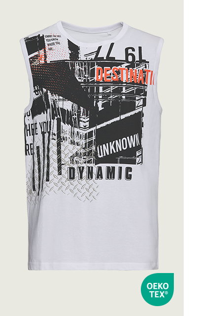 Shirt, Weiß mit schwarzem und rotem Print, Rundhalsausschnitt, ärmellos, Produktansicht, Vorderansicht