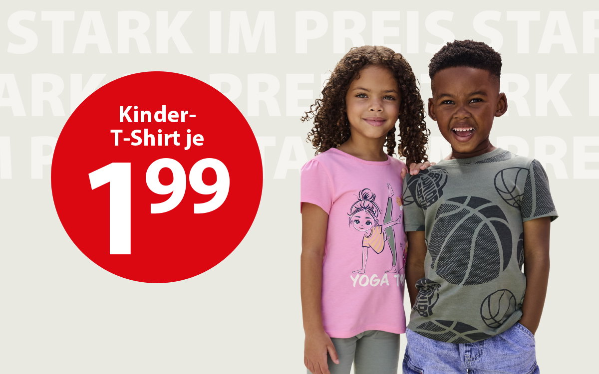 Mädchen trägt rosa T-Shirt mit Print und graue Hose, Junge trägt graues T-Shirt mit Basketballmotiv, Vorderansicht