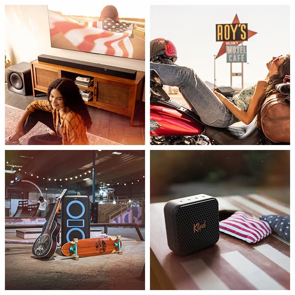 4 quadrant image: One with a young woman sitting in-front of a Flexus sound system, with woman trapped in the American flag on the tv. One with a young woman, leaned-back, feet -up on a motorcycle, holding and listening to a Klipsch Nashville portable speaker. One of a Klipsch New York party speaker in a skatepark, with a guitar and skate leaning on it. Last one has a Klipsch Austin portable speaker sitting on an American flag themed hacky sack board. Memorial Day Event Turn Up to 50% OFF    Turn up the volume on Legendary American Sound. Shop exclusive weekend deals and bring home legendary sound for less. SHOP NOW