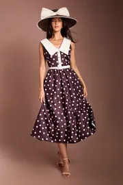Lisa Tan Polka Dot Collared V Neck Crepe Midi Dress