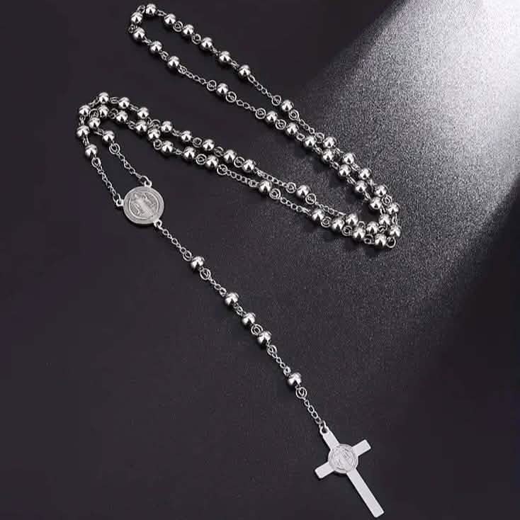 Image of San Benito Golden Plated Stainless Steel Priest Saint Benedict Rosary Necklace