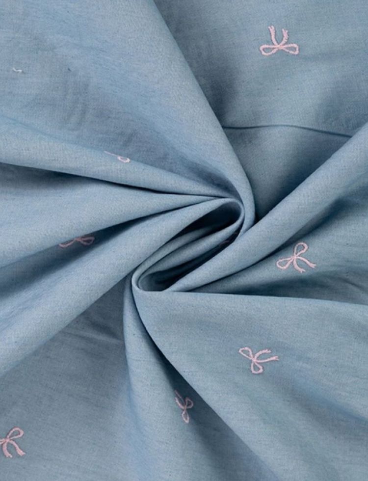 Deadstock Embroidered Cotton Denim Fabric Pink on Blue