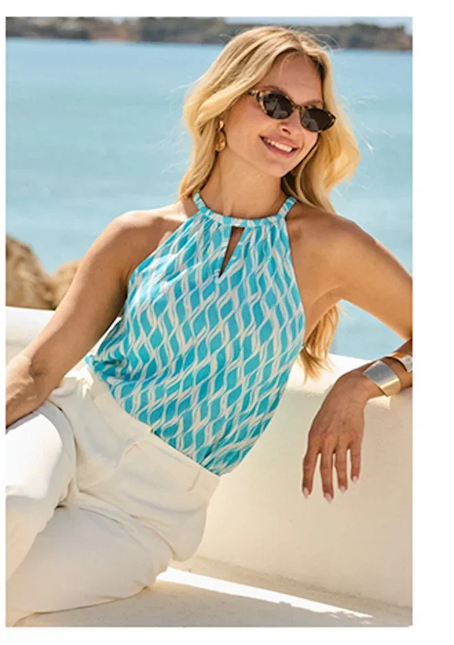Blue & White Geometric Print Halter Neck Top