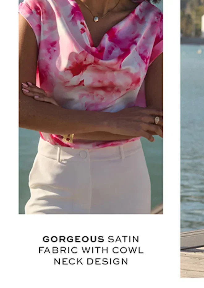 Pink & White Floral Print Cowl Neck Top