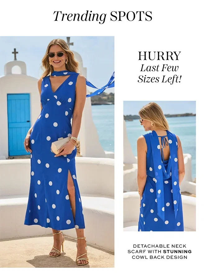 Blue Spot Print Cowl Back Dress With Neck Scarf