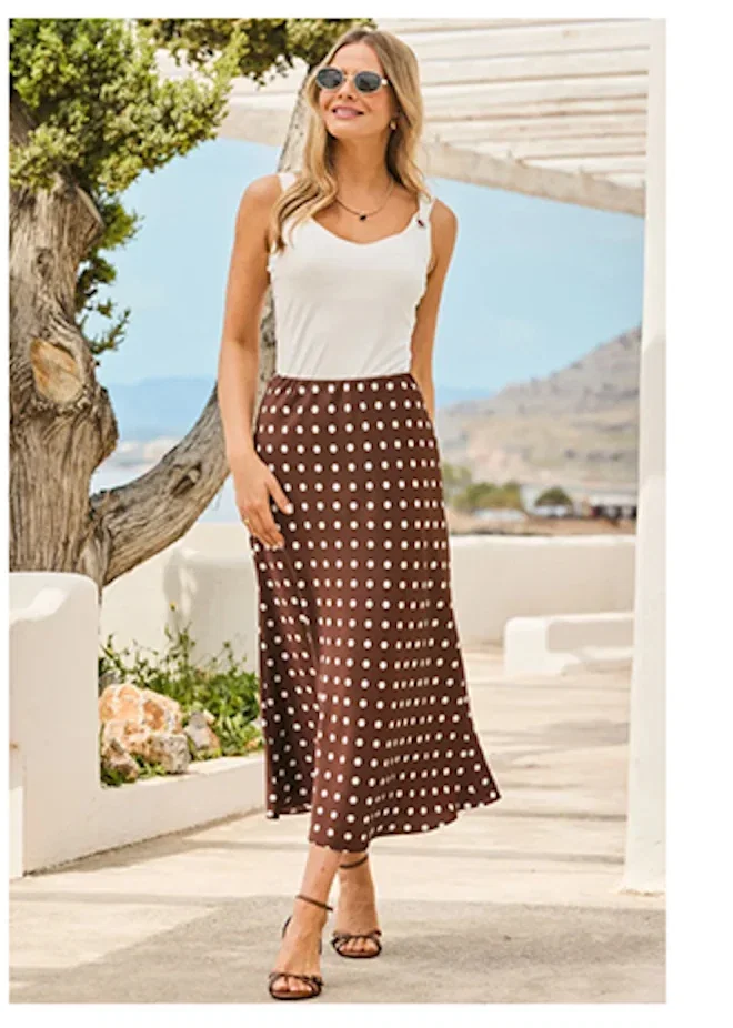Chocolate Brown Polka Dot Print Satin Skirt