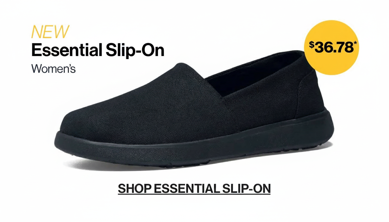 Black women's slip-on shoes with "NEW Essential Slip-On" text and a price of $36.78.