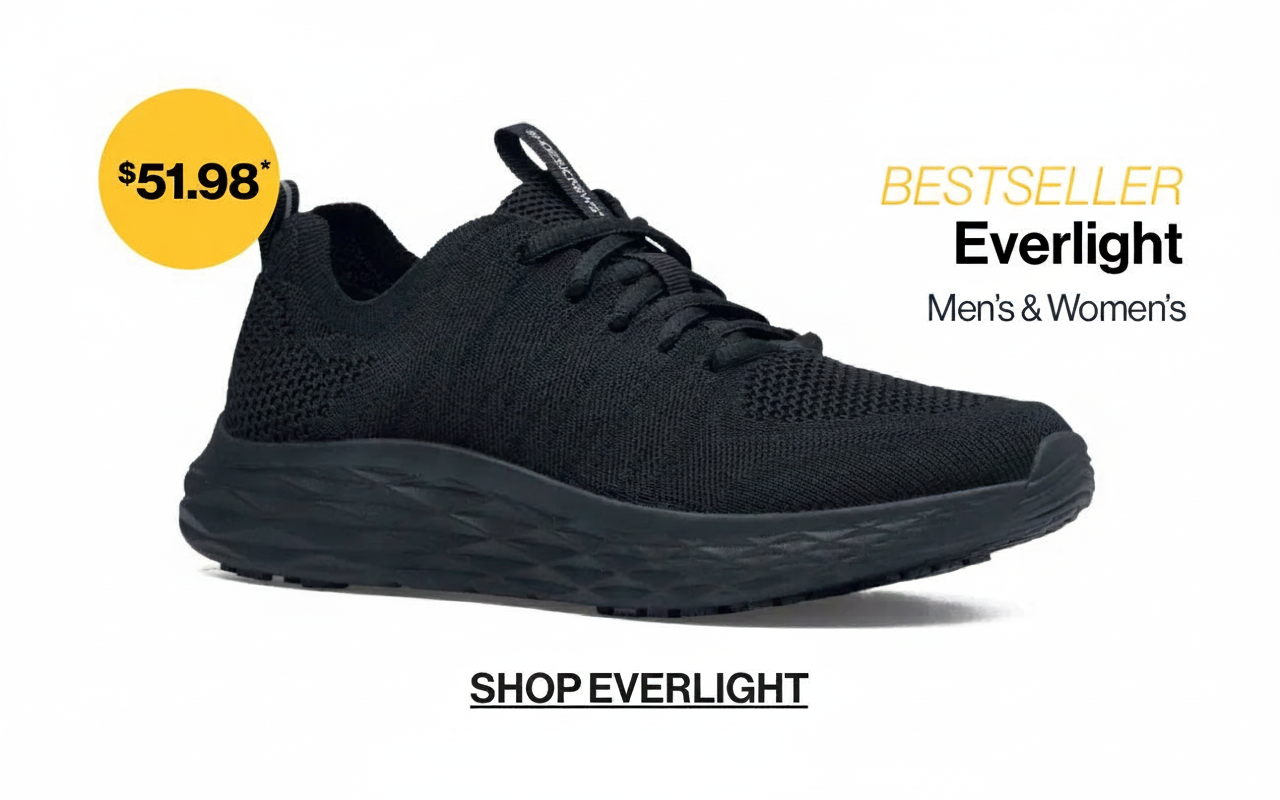 Black Skechers Everlight sneakers for men and women, priced at $51.98.