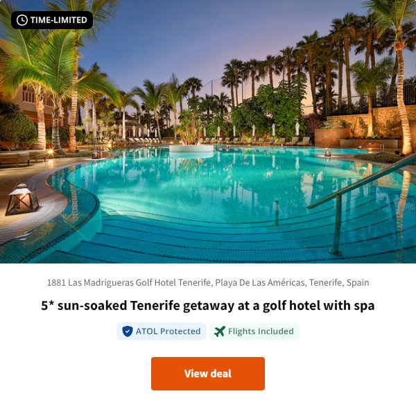 5* sun-soaked Tenerife getaway at a golf hotel with spa