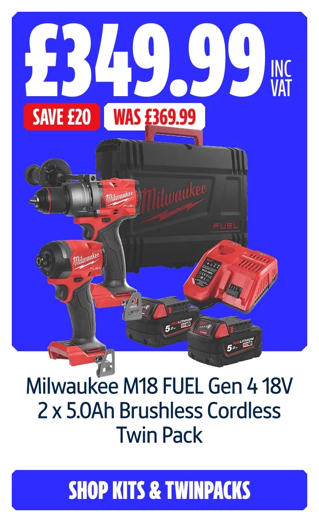Save £20 Milwaukee M18 FUEL Gen 4 18V 2 x 5.0Ah Brushless Cordless Twin Pack. Now £349.99 inc VAT Was £369.99. Shop kits and twinpacks