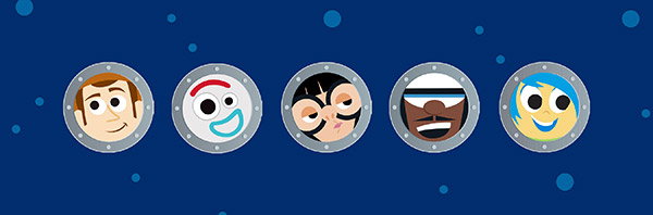 A line of portholes containing the faces of Woody, Forky, Edna Mode, Frozone and Joy