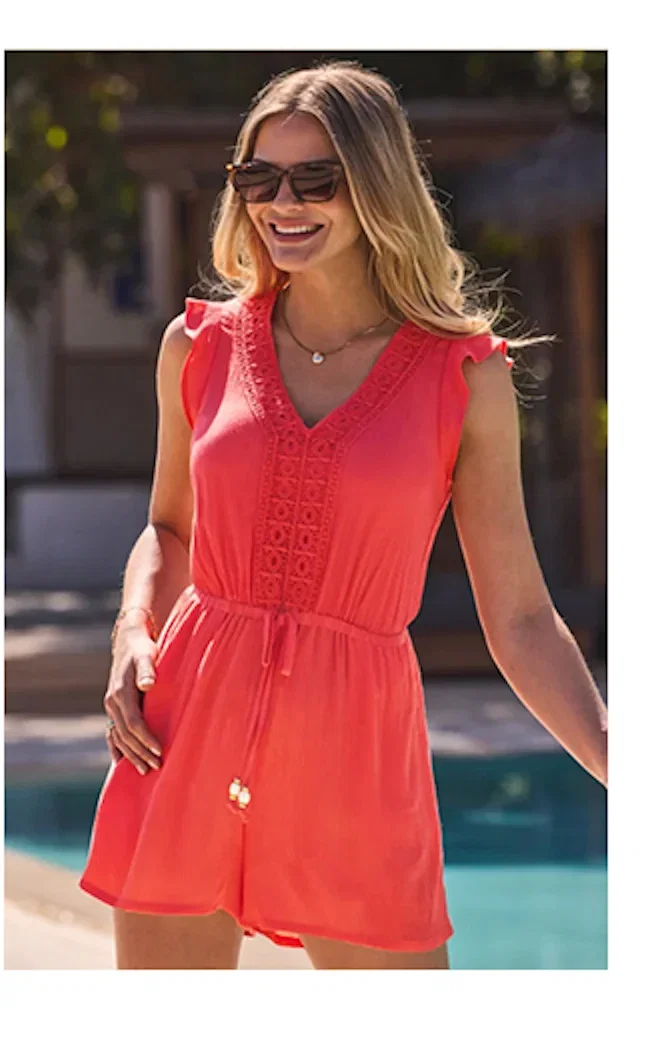 Coral Crochet Trim Tie Waist Playsuit