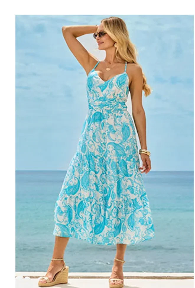 Blue & White Paisley Print Midaxi Dress