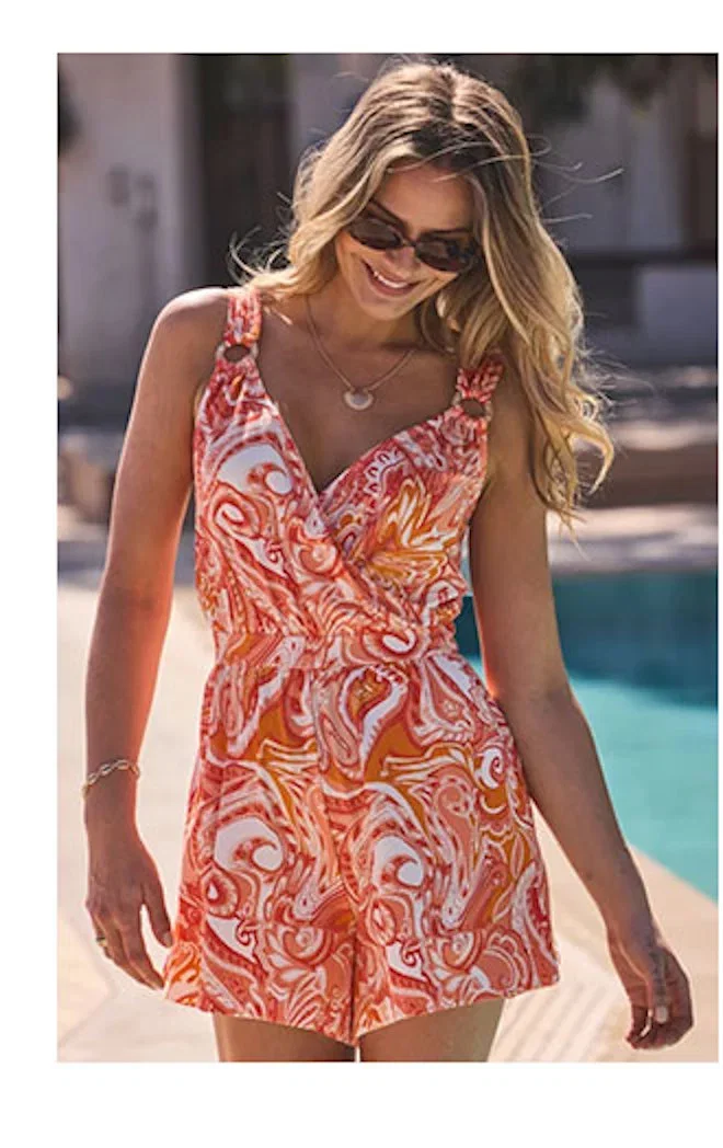 Orange Abstract Print Hoop Trim Wrap Playsuit