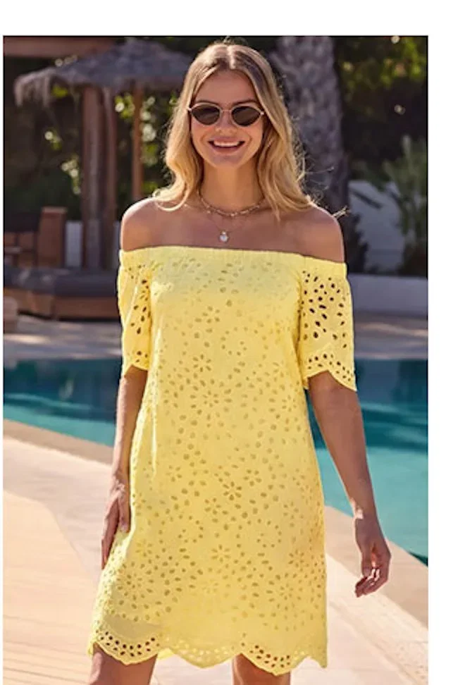 Lemon Yellow Broderie Bardot Dress