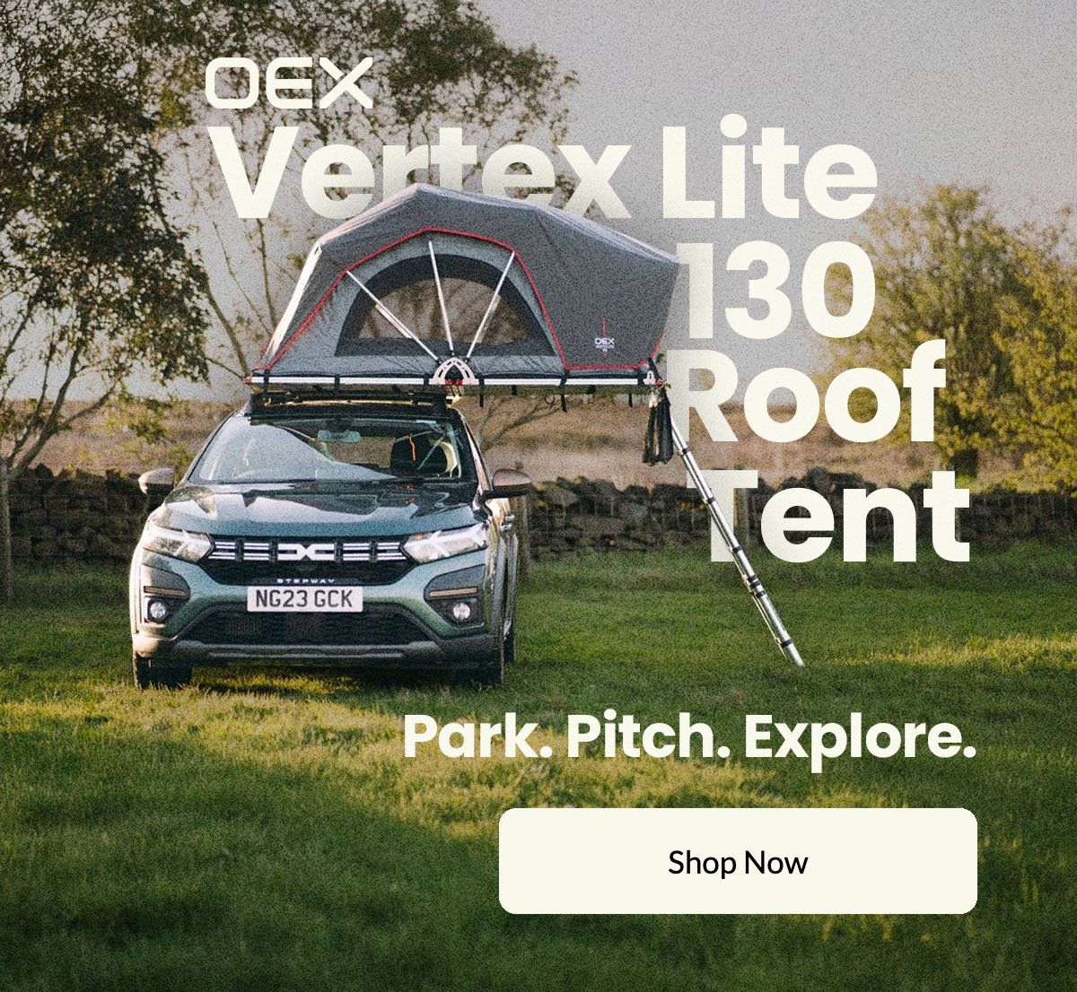 Car with a rooftop tent set up in a grassy outdoor setting, advertising the OEX Vertex Lite 130 roof tent with “Shop Now” button.