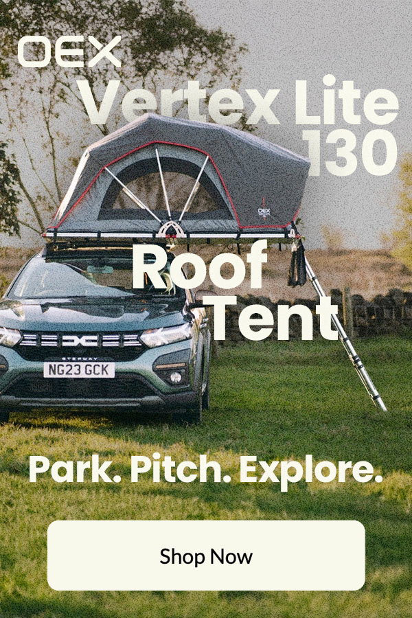Car with a rooftop tent set up in a grassy outdoor setting, advertising the OEX Vertex Lite 130 roof tent with “Shop Now” button.