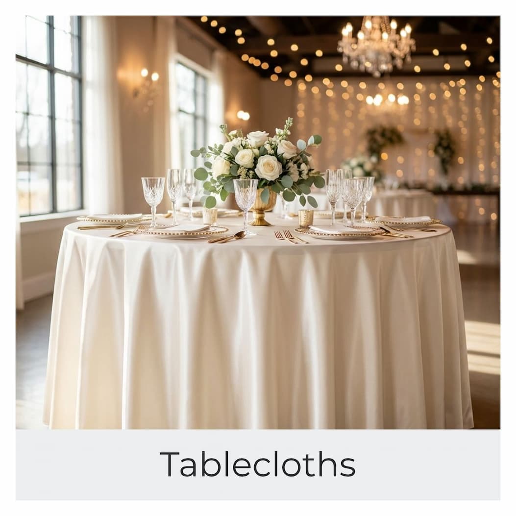 A white tablecloth is set with a plate, napkin, and wine glass.