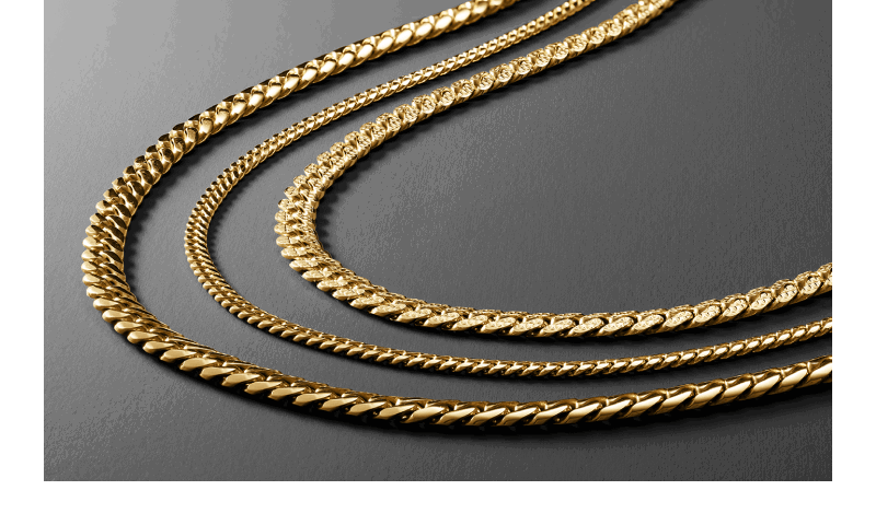 Yellow gold chains in a variety of styles.