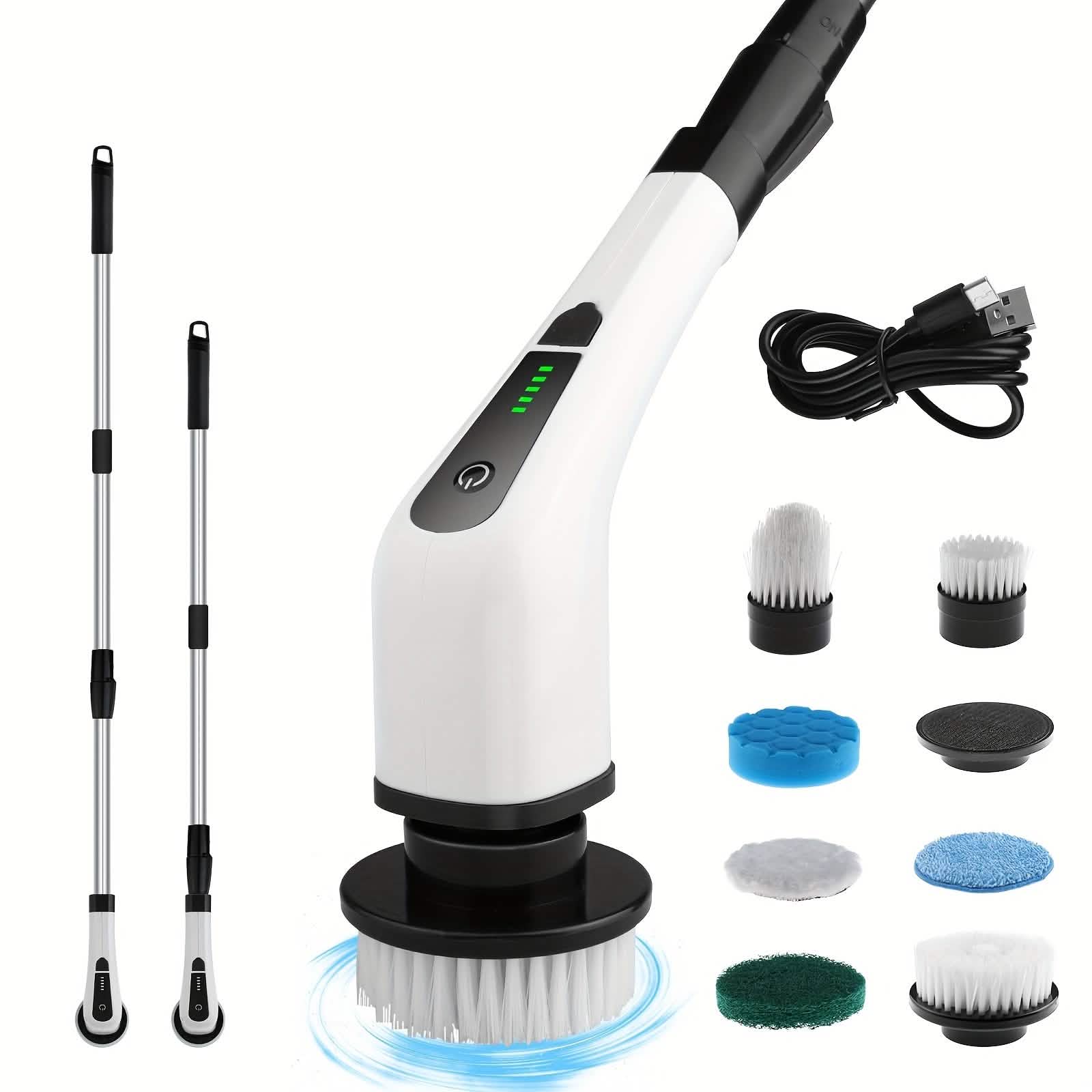 Image of Electric Rotary Scrubber with Replaceable 8 Brush Heads and Adjustable Extension Handle