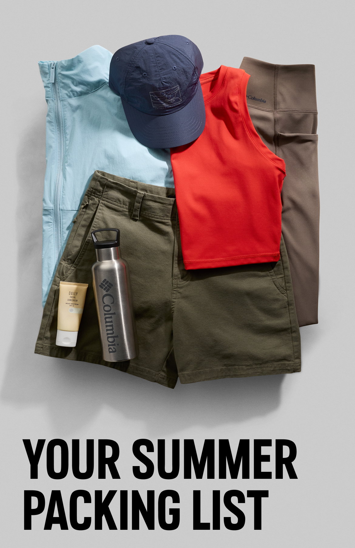 Your Summer Packing List over an image of folded clothes & gear