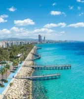 Palm-lined promenade along Limassol’s coastline with turquoise sea, a long pier stretching into the water, and city buildings lining the shore.