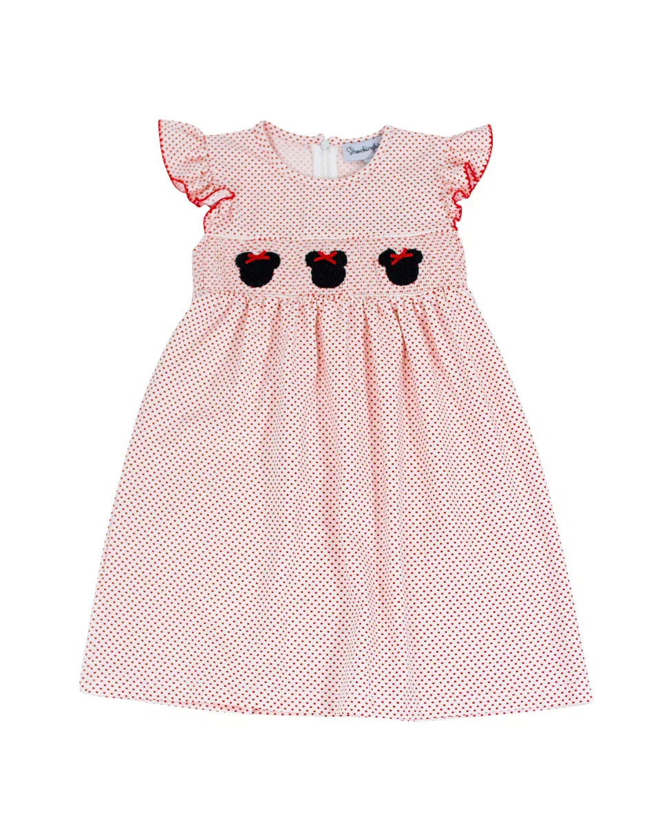 Image of Mouse With Red Bow Smocked Polka Dot Knit Dress