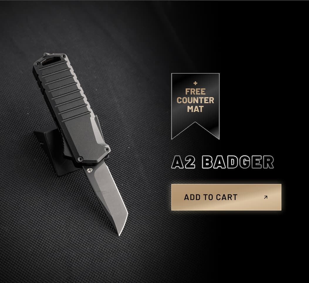 Tekto A2 Badger automatic OTF knife with black blade.
