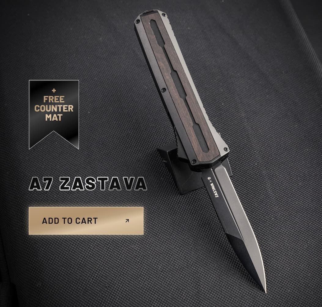 Tekto A7 Zastava automatic OTF knife with black blade.