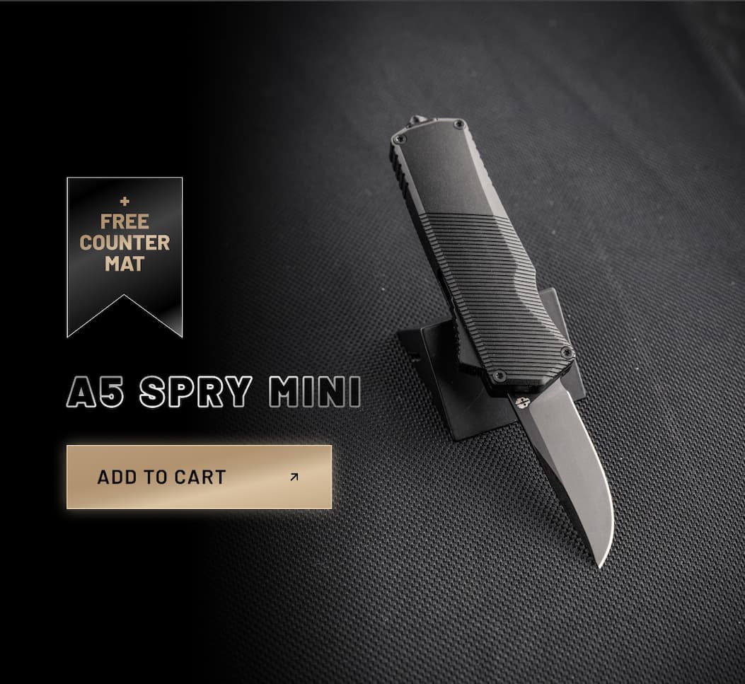 Tekto A5 Spry Mini automatic OTF knife with black blade.