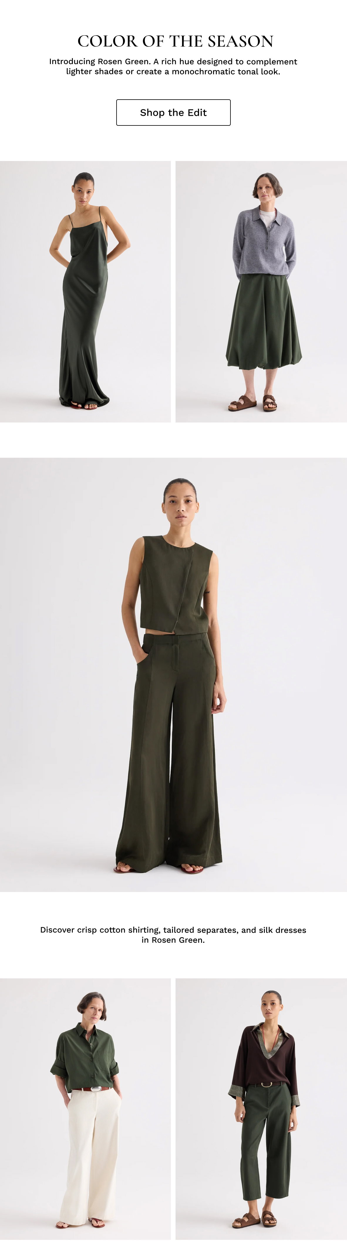 Black text followed by five images of models in green outfits.